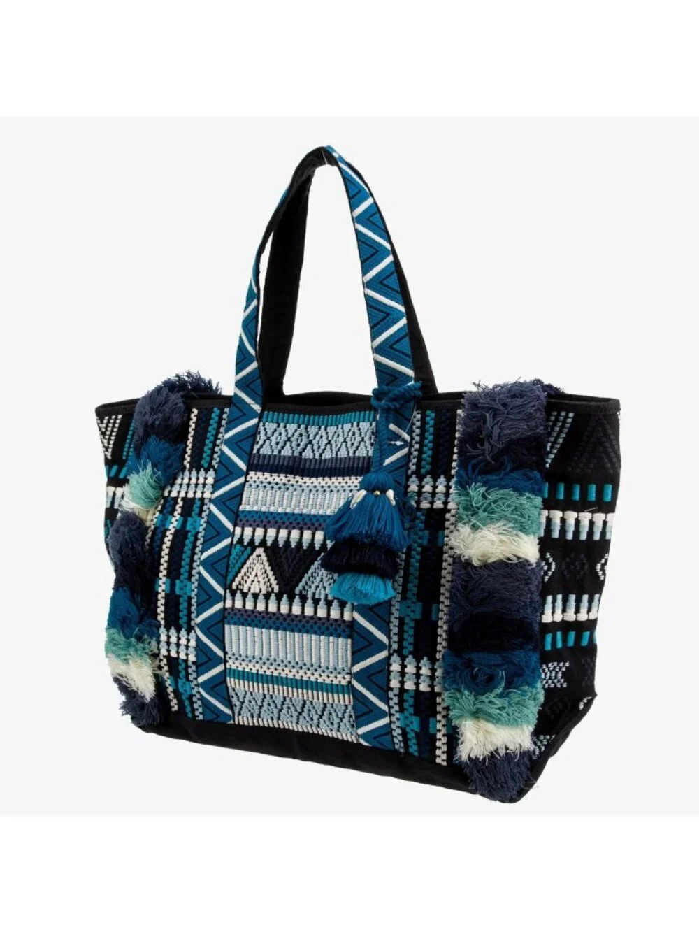 NWOT Figue boho designer Blue Black XL Woven Tote, Fringe & Pom Poms